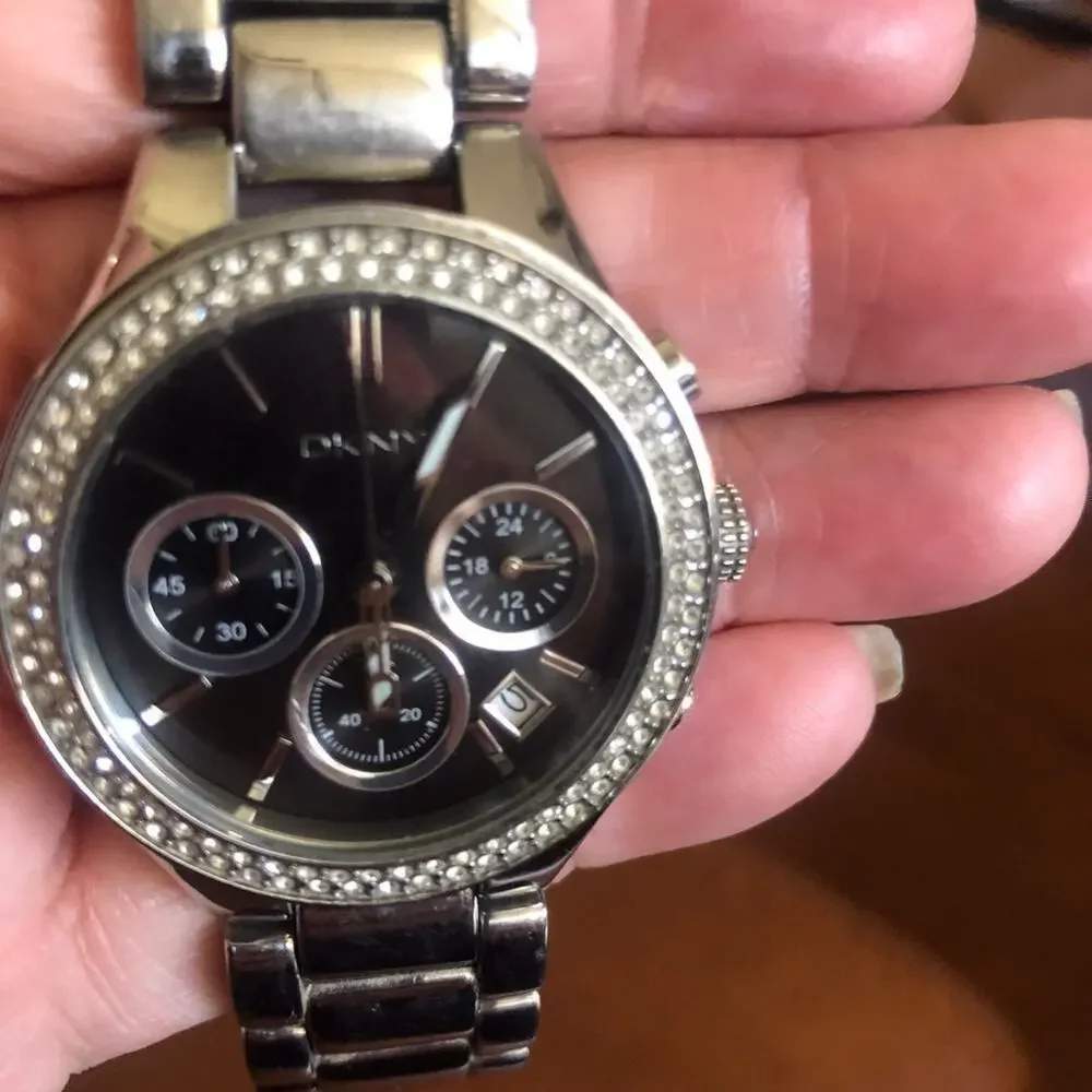 DKNY womens silver watch large dial rhinestone bezel